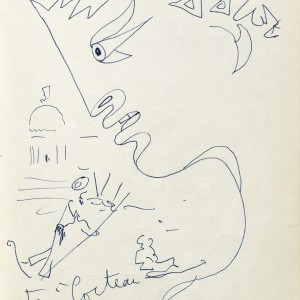 JEAN COCTEAU Senta titolo, 1956 Disegno in un libro degli ospiti di/drawing in a guest book of Peggy Guggenheim Collezione privata/private collection © Adagp/Comité Cocteau, Paris, by SIAE 2024